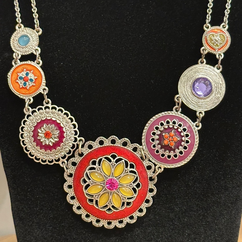 Multicolor Floral Medallion Statement Necklace - … - image 2